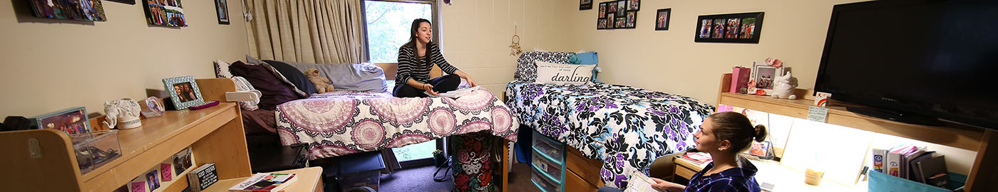Two Bryant students talk in their dorm room