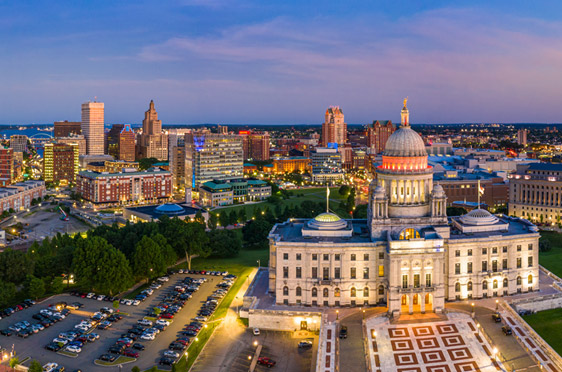 An aerial shot of Providence, Rhode Island at dusk.