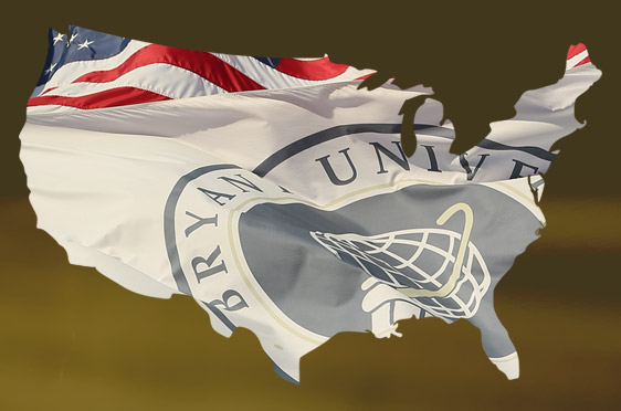 A map of the United States with the American and Bryant University flags.