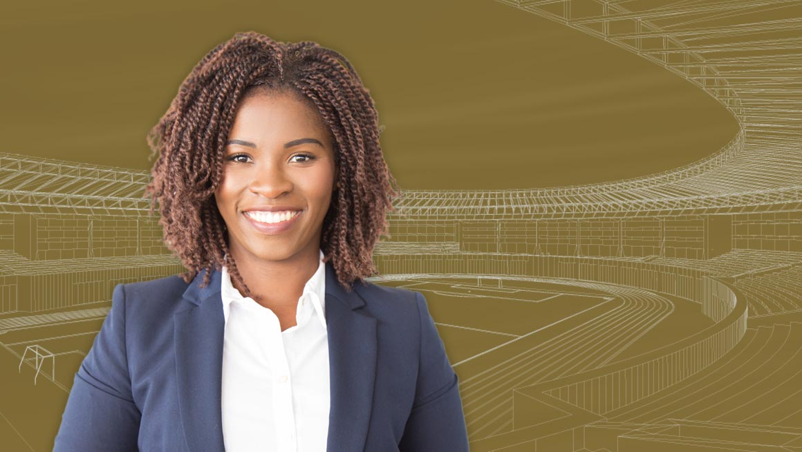 A woman on gold background with a textured athletic field.