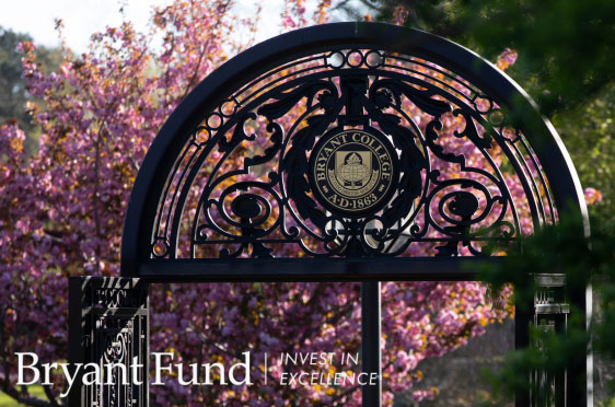 The Bryant University archway in spring.