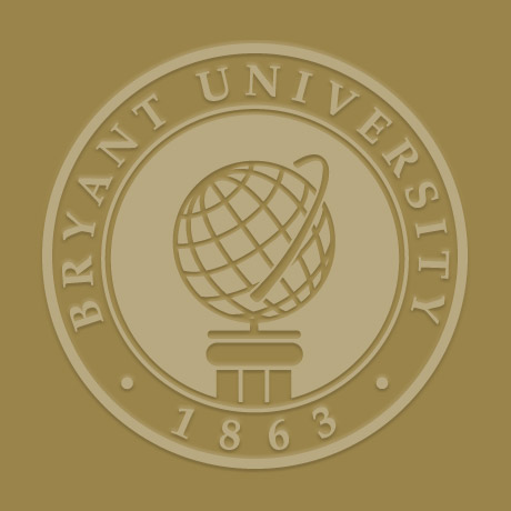 Globe on a golden background within a golden circle that says Bryant University 1863