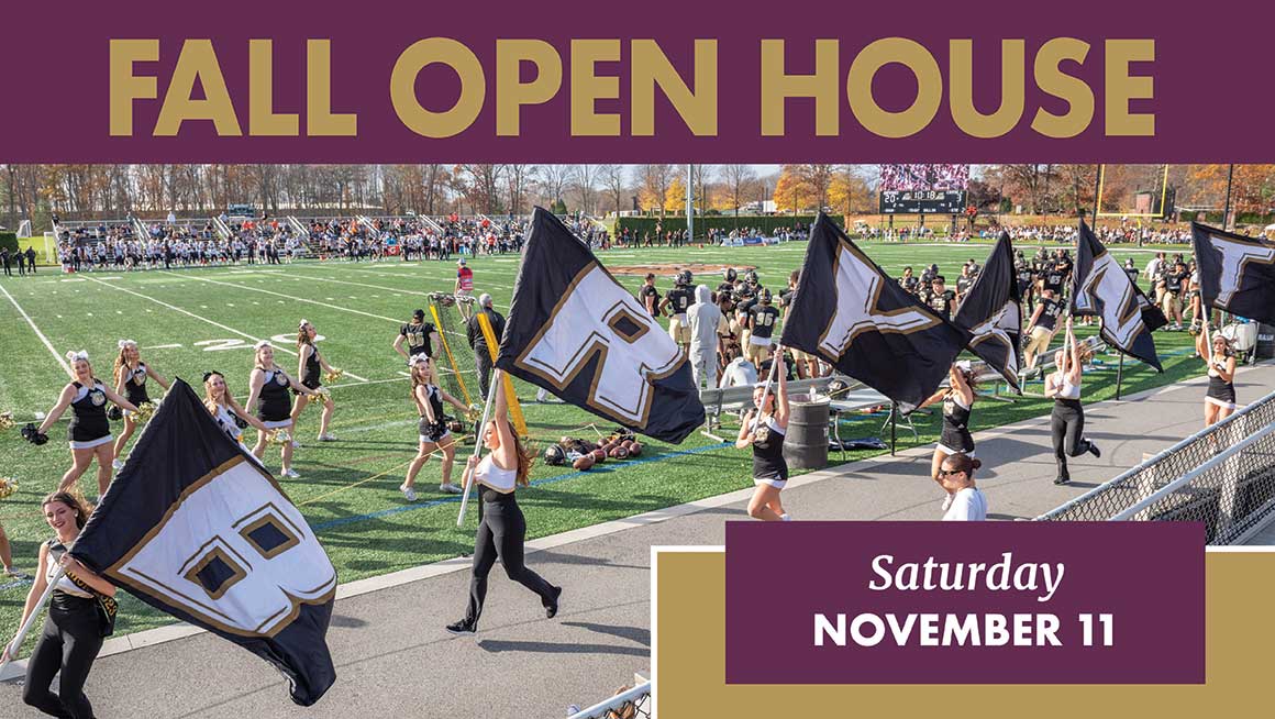 rhode island university virtual tour Bryant University cheerleaders run out with flags at a football game.