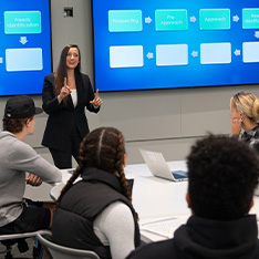 Bryant University Professor Stefanie Boyer teaches students inside the Frank '81 and Marion '81 Hauck Sales Performance Lab.
