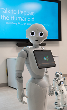 Pepper, the humanoid robot in the Artificial Intelligence lab at Bryant University.